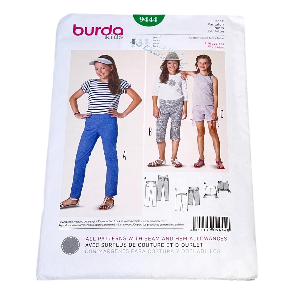 Burda 9444 Girl Pants Peddle Pushers Shorts Size 7 to 14 Sewing Pattern Uncut